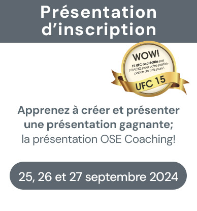 Présentation d’inscription
Apprenez à créer et présenter une présentation gagnante; la présentation OSE Coaching!

À la demande générale, OSE Coaching a mis sur pied un programme intensif de trois jours qui vous permettra de créer une présentation d’inscription exceptionnelle.